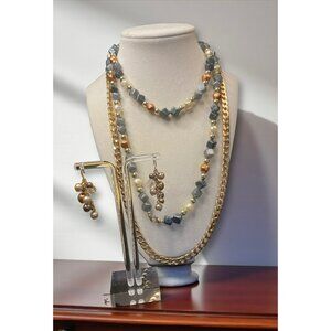 Gold-Plated Chain Necklace & Beaded Pearl Set With Matching Dangle Earrings -183